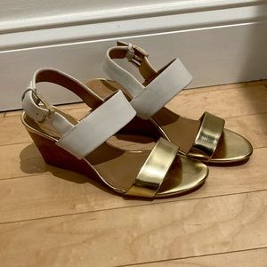 White and gold wedge sandals. Size 7